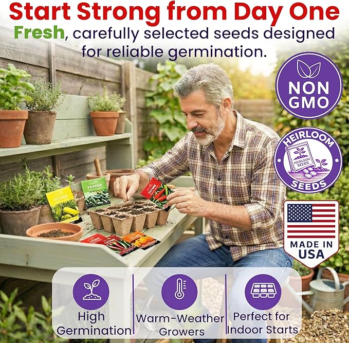 Hot Pepper Seeds for Planting, Cayenne, Hungarian Yellow, Jalapeno, Serrano, Habanero Orange, Heirloom Pepper Seeds Variety Pack, NonGMO, Made in USA