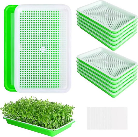 EBaokuup 10 Pack Seed Sprouter Tray with Drain Holes - BPA Free Seed Garden Plant Germination Propagation Trays, Soil-Free Wheatgrass Tray Sprouter Microgreens Growing Kit with Germinating Paper