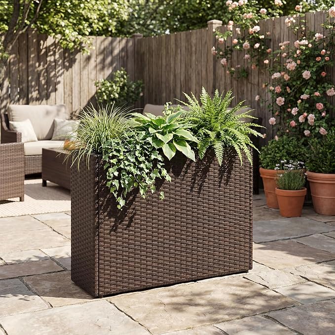 Giantex Wicker Raised Garden Bed, 32”x11”x24”, Rectangular Garden Planter Box w/PE Rattan, Liner Fabric, Wicker Patio Elevated Raised Bed for Vegetable Flower Herb Porch Balcony