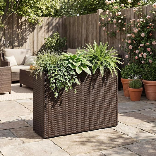 Giantex Wicker Raised Garden Bed, 32”x11”x24”, Rectangular Garden Planter Box w/PE Rattan, Liner Fabric, Wicker Patio Elevated Raised Bed for Vegetable Flower Herb Porch Balcony