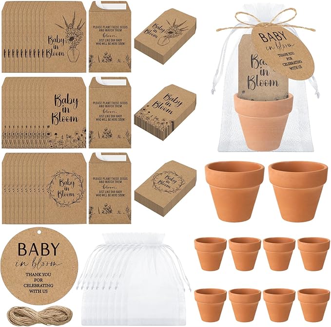 Baby Shower Party Favors Baby in Bloom Envelopes Seed Packets Include 24 Mini Terracotta Pots Seed Packets 24 Self Adhesive Envelopes Thank You Tags Gifts for Party(Kraft Paper)