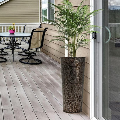 Worth 2 Pack 28" Tall Narrow Metal Planter with Inside Pot for Indoors or Outdoors, Deck, Patio or Front Porch, Hand-Hammered Texture, Bronze