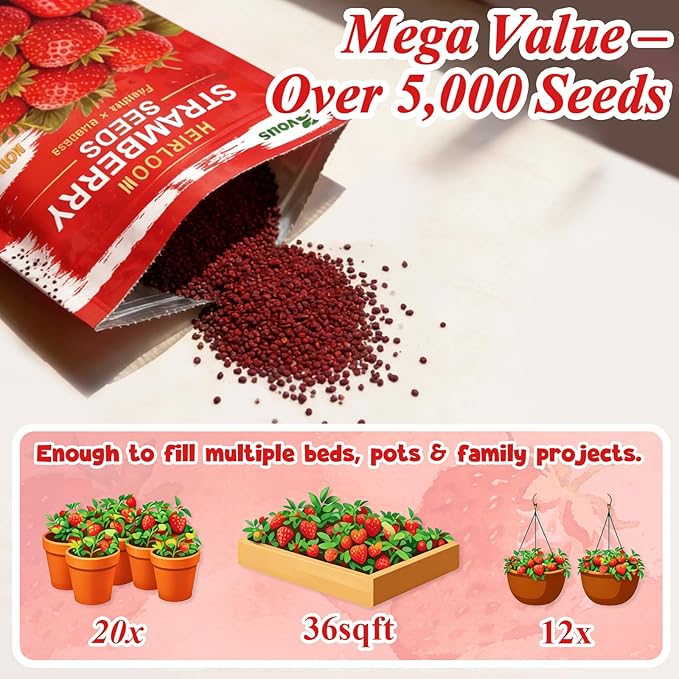 5000+ Strawberry Seeds for Planting –Heirloom Non-GMO Giant Red Strawberry Seeds, Everbearing Fruit Plants & Seeds for Garden Beds, Pots, Raised Beds, Balcony & Hydroponic Systems, 0.18 oz (5 g)