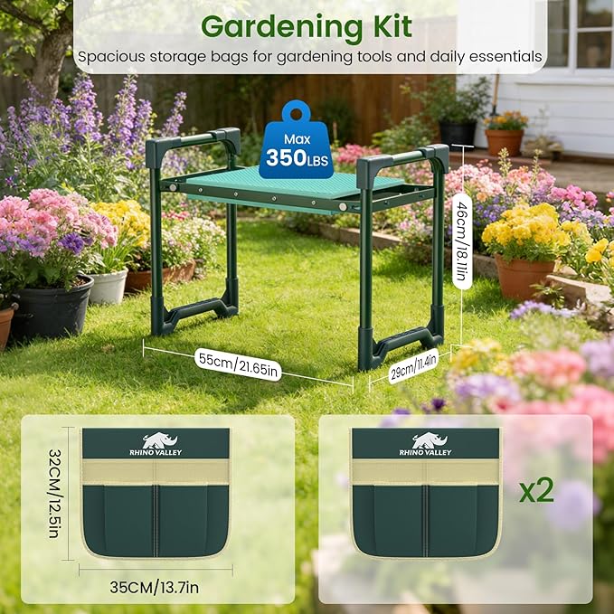 Garden Kneeler and Seat, Heavy Duty 2 in 1 Gardening Stool with 2 Tool Side Bags, Foldable Gardening Bench to Relieve Knee & Back Pain, Garden Chair Gifts for Women, Seniors