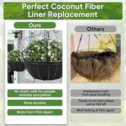HKZ Hanging Planter Basket Liners - 2 Pack 12 Inch Round Fabric Liners for Hanging Baskets, Replacement Coco Fiber Liner, Durable Non-Woven Liners for Hanging Baskets Planters Flowers, Plants (Black)