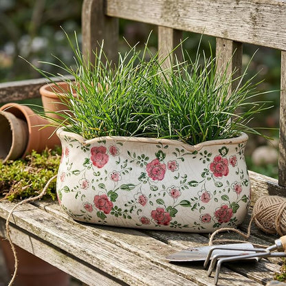 8.6" Large Vintage Ceramic Planter Ice Cracked Farmhouse Rectangle Pots with Drainage Hole Pots for Indoor Outdoor Plants Home Kitchen Windowsill Office Shelf Rustic Decor Gift(Rose)