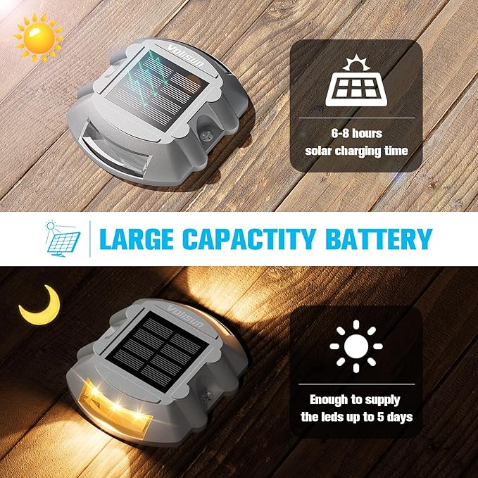 VOLISUN Solar Deck Lights Driveway Dock Lights, 8-Pack Led IP68 Waterproof Outdoor Warning Step Lights for Driveway Sidewalk Garden Pathway Yard(Warm White, Auto On/Off