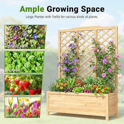 DoCred Raised Garden Bed with Trellis, 44" L x 16" W x 59" H Freestanding Elevated Planter Box for Climbing Plants, Outdoor Wooden Privacy Screen with Garden Box for Backyard Patio Balcony Decor