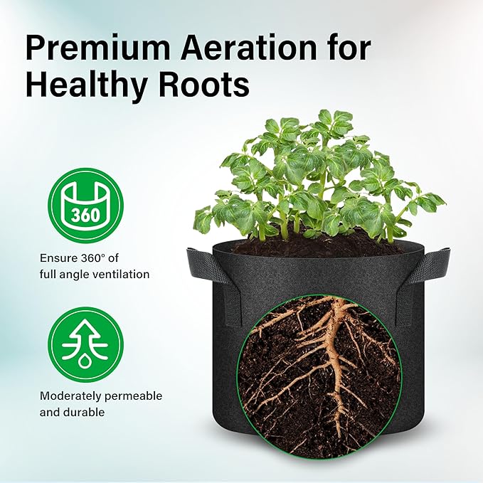 YSSOA 5-Pack 5 Gallon Grow Bags, Aeration Nonwoven Fabric Plant Pots with Handles, Heavy Duty Gardening Planter for Potato, Tomato, Vegetable and Fruits, Black 2024 Version