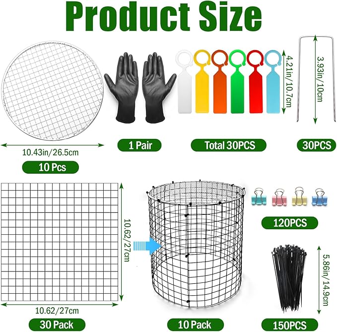 AHIER 10 PCS Chicken Wire Plant Protector from Animals with Covers, Plant Cages for Outdoor Plants to Keep Animals Out Including 30pcs Metal Mesh, Covers, Ground Stakes, Labels, Clip, Ties and Gloves