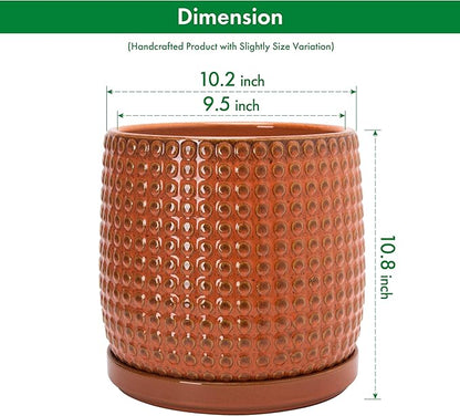 D'vine Dev 10 Inch Ceramic Beaded Stoneware Planter Pot - Flower Pot with Drainage Holes and Saucers for Indoor Succulent Plants or Flowers, Pumpkin, 27-C-P-J
