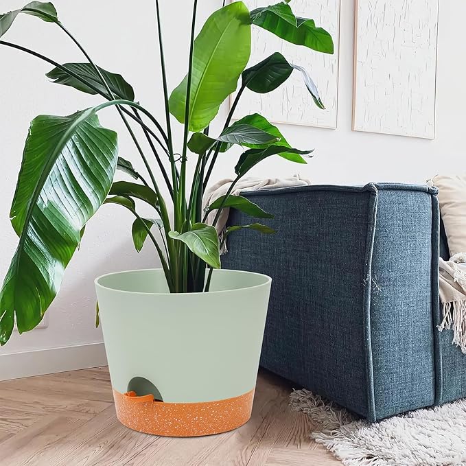 GARDIFE 12 inch Plant Pots, planters, Self Watering Pots, Large Plastic Flower pots with Deep Reservior and High Drainage Holes for Indoor Outdoor Plants and Flowers, Green