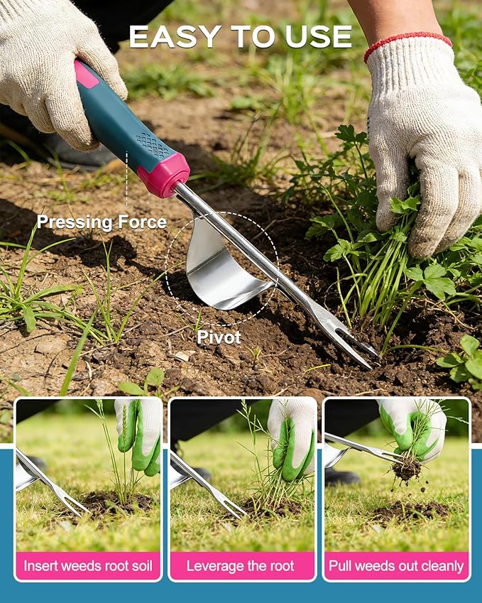 2026 Upgraded Weed Puller Tool, Stainless Steel Hand Weeder，Leverage Base & V-Shaped Forks for Easy Weed Removal & Deep Root Digging, Ergonomic Soft Grip Handle Manual Weeding Tool for Garden and Lawn