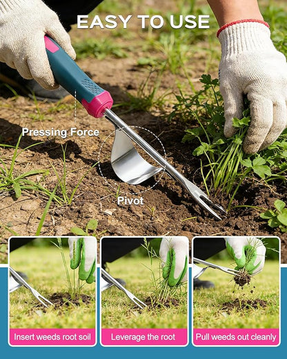2026 Upgraded Weed Puller Tool, Stainless Steel Hand Weeder，Leverage Base & V-Shaped Forks for Easy Weed Removal & Deep Root Digging, Ergonomic Soft Grip Handle Manual Weeding Tool for Garden and Lawn