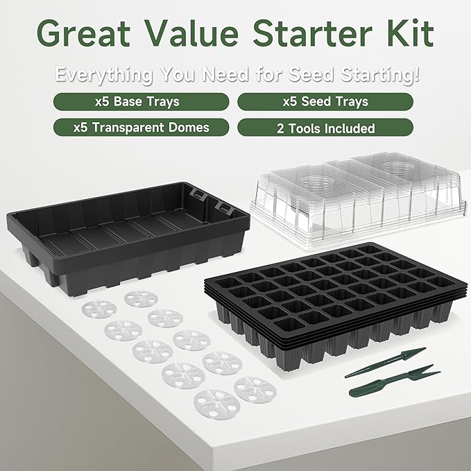 Gardzen 5-Set Seed Starter Tray Kits, Durable Plant Germination Trays with Humidity Vented Domes and Bases, Ideal for Seed Starting, Indoor Gardening, and Greenhouse (Total 200 Cells)