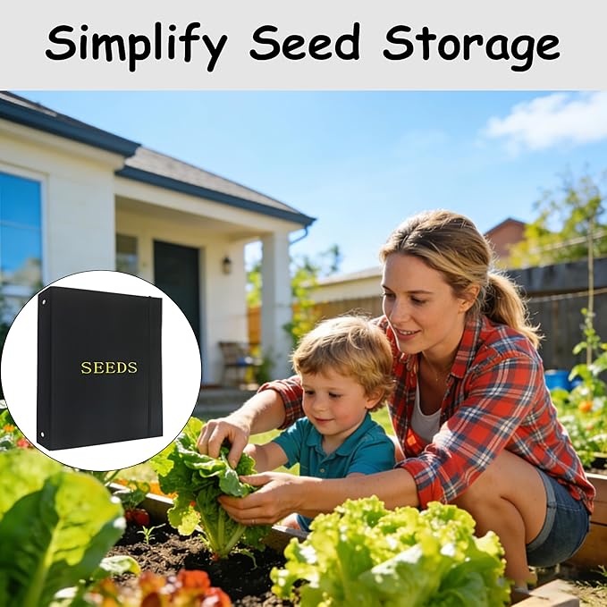 Seed Storage Organizer Binder,3 Ring Seed Packet Organizer with 100 Pockets(25 Pack Clear Sheet Protectors), Garden Seed Holder Book for Envelopes, Seed Keeper, Black