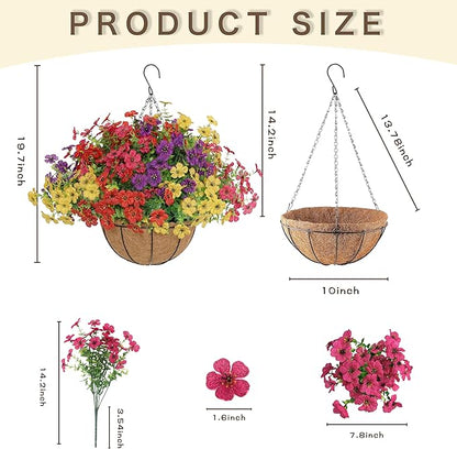 Senjie 12 Bundles Artificial Hanging Flowers with Basket for Outdoor Decor, UV Resistant Faux Flowers Fake Hanging Planter for Porch Patio Balcony