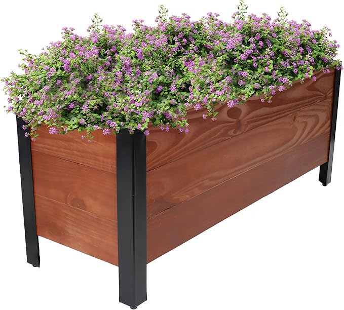 Sunnydaze Acacia Wood Rectangular Planter Box - 14.75" H Wooden Raised Garden Bed with Removable Polyethylene Planter Bag - Brown