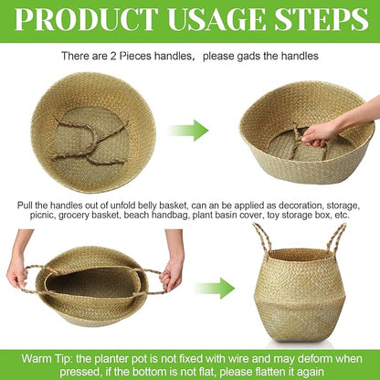 Qunclay 4 Pcs Woven Seagrass Baskets Belly Basket Folding Boho Natural Plant Pot with Handles Round Decorative Wicker Large Indoor Planter for Home Outdoor Tree Planters Decor (XL,12''dx13.8''h)