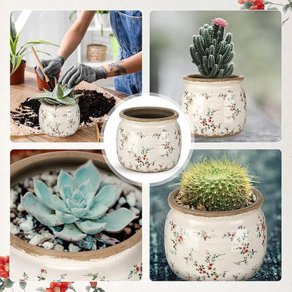 2 Pcs Vintage Planter Large Ceramic Plants Pot Beige Red Rustic Floral Ice Crack Cottage Scroll Vase Flower Pot Indoor Plants Home Kitchen Decor Farmhouse Antique Decorative Gifts