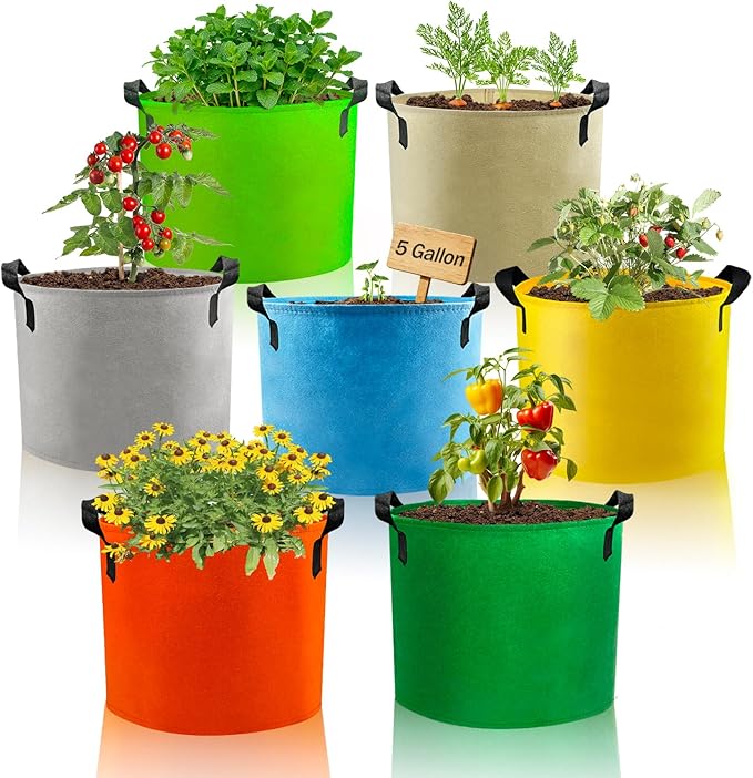 Grow Bags, 7 Pack Colorful 5 Gallon Grow Bags, Reusable Fabric Grow Bags, Foldable & Washable for Vegetables, Tomato Pots, Garden & Outdoor Growing