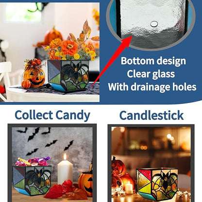 Stained Glass Bat Planter with Drainage Holes, Cute Planter Pots for Indoor Plants, Halloween Stained Glass Bat Decor, Bat Suncatcher Flower Pot, Bat Gifts 4.6x5.15x3 in