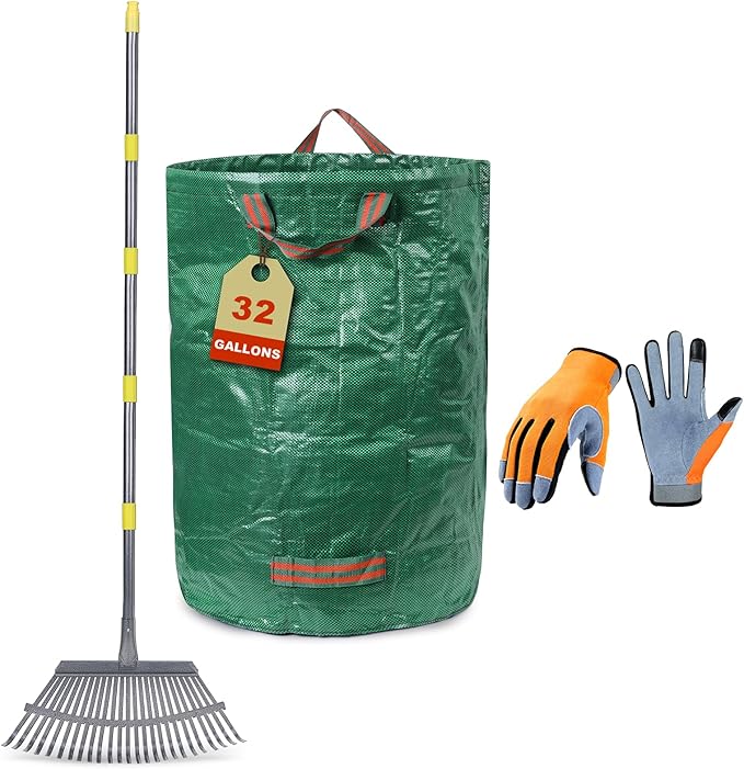 3-Piece Leaf Rake Kit – Adjustable Heavy-Duty Yard Rake with 25 Tines (36–73"), 32-Gal Tear-Resistant Bag & Leather Gloves – Fall Cleanup Set for Lawn, Shrubs & Gardens