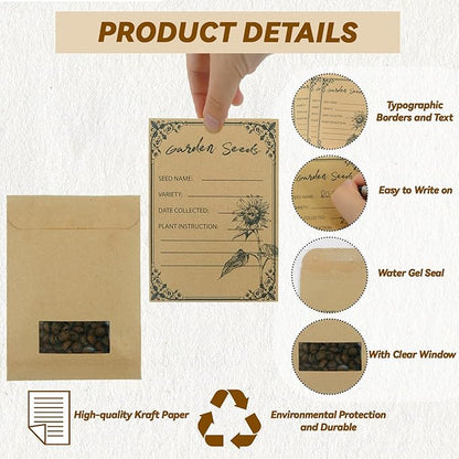 100 Pieces Seed Envelopes - Seed Packets Self Adhesive Sealing Small Seed Saving Envelopes With Clear Window for Storage 4.72 * 3.15 Inch for Collection Vegetable Plants Garden Seeds