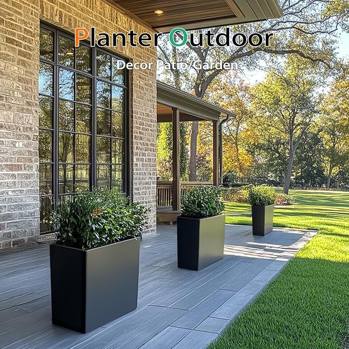 Rectangular Planter Box for Outdoor Plants, Large Tall Resin Garden Pots for Front Porch, Patio, Indoor (Black, 25 x 21 inch)