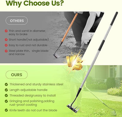 Iron Weeding Rake with Long Handle - Upgraded 5 Teeth Weed Puller Tool, Heavy Duty Manual Weeder Remover Tool for Weeding, Cultivating & Soil Aeration