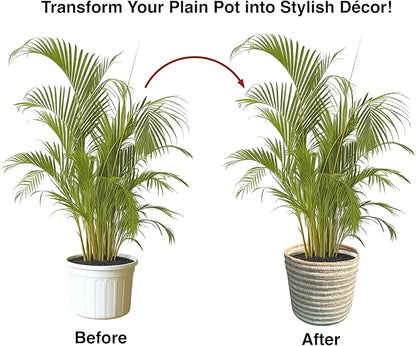 Planter Basket Set – 5-Piece Handwoven Jute Planter Basket for Home Decor, Nursery, or Indoor Plants (5'' to 8'' Diameter, 4.75'' to 7.75'' Height) – Wrinkle Free - Natural Beige with White Stripes