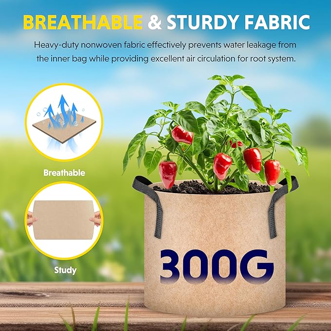 iPower 10 Pack 5 Gallon Grow Bags, Garden Planting Nonwoven Fabric Pots with Reinforced Handle, Heavy Duty and Aeration Planter Pot for Tomato, Fruits, Vegetables and Flowers, 10 Labels Included, Tan