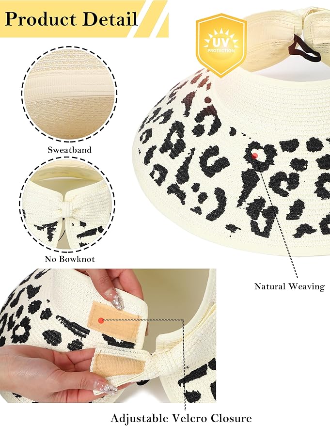 Womens Beach Straw Sun Hats Ponytail Hole Wide Brim Summer Visor Foldable Hat Sun Protection Packable for Travel Pool