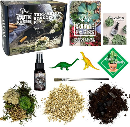 Cute Farms Terrarium Starter Kit | Moss, Vermiculite, Soil, Plant Food, Brush, Build and Care Guide | DIY Succulent Terrarium Kit for Adults and Kids