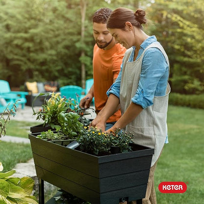 Keter Urban Bloomer 12.7 Gallon Raised Garden Bed and Outdoor Herb Garden Planter with Self Watering Gauge and Drainage Plug, Dark Grey