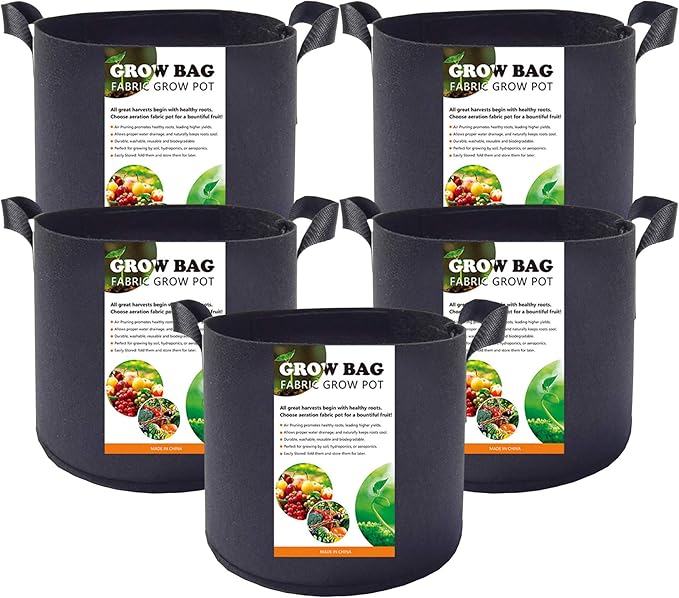 5-Pack 1 Gallon Plant Grow Bags, Heavy Duty Thickened Non-Woven Aeration Fabric Pots Container with Reinforced Handles for Gardening