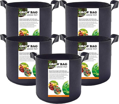 5-Pack 2 Gallon Plant Grow Bags, Heavy Duty Thickened Non-Woven Aeration Fabric Pots Container with Reinforced Handles for Gardening