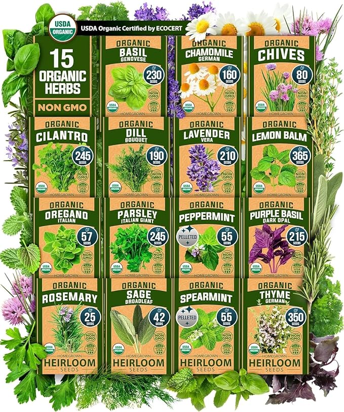 HOME GROWN Organic Herb Seeds Variety Pack - Non GMO, Heirloom 5100+ High-Germinating Heirloom Seeds for Planting Indoor Outdoor Spring Herb Garden Hydroponics Garden Seeds, Basil Cilantro & More