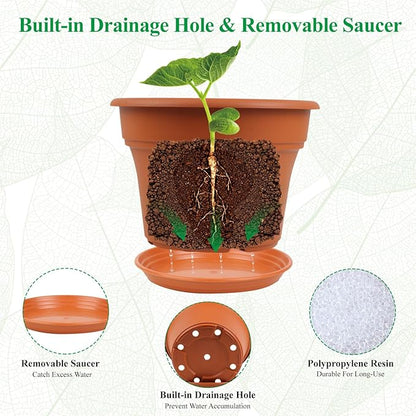 16 inch Plastic-Flower-Pot-for-Indoor-Plants, 4 Pack Large Outdoor Planter Pot with Drainage Holes & Saucers, Resin Decorative Garden Pots Planters