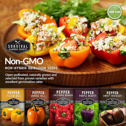 Bell Peppers Seed Collection – 5-Pack | Yellow, Orange, California Wonder, Purple Beauty & Sweet Chocolate Pepper Seed for Planting – Heirloom, Non‑GMO | Survival Garden Seeds