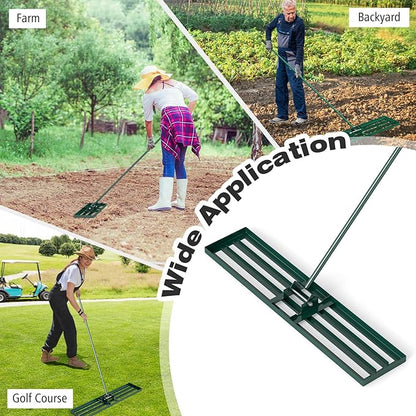 46" x 10" Lawn Leveling Rake, Heavy Duty Landscape Rake with 67" Handle, Non-Slip Grip & Flat Head, Space-Saving Lawn Level Tool for Garden, Backyard, Golf Course & Sports Field(Green)