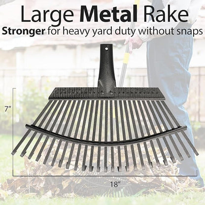 Rake for Leaves, 25 Tines 18" Wide Metal Rake with 32 Gallon Lawn and Leaf Bags & Leaf Scoops for Garden Adult Kids Lawn Shrub Yard Landscape Heavy Duty Long Handle 30-60