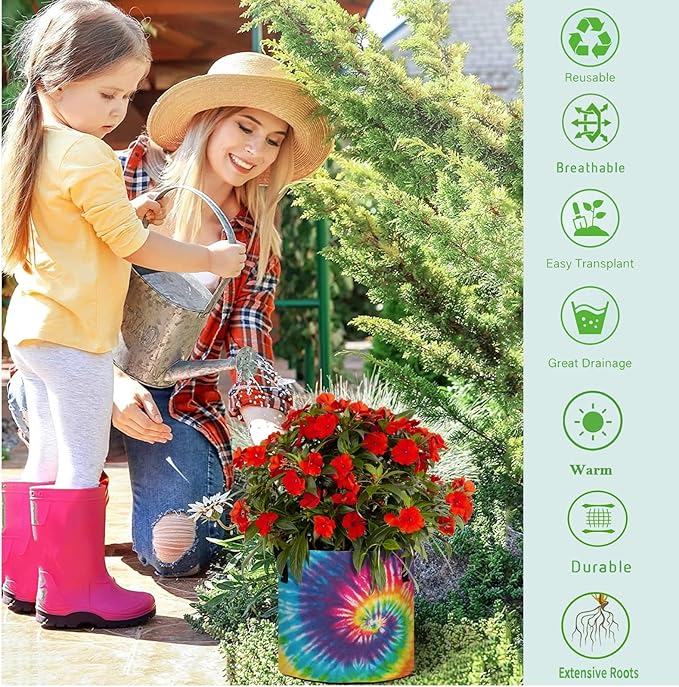 3/5/7/10 Gallon Abstract Swirl Design Tie Dye Breathable Thickened Grow Bag Heavy Duty Plant Pot Containers with Handles for Flower Potato Tomato Fruits Vegetables