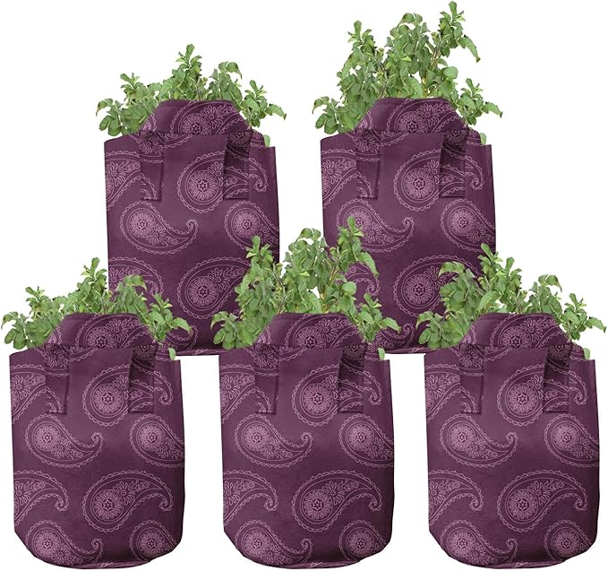 Ambesonne Tropical Grow Bags 5-Pack, Pinkish Exotic Flamingos, Heavyduty Fabric Pots with Handles for Plants, Black Pink