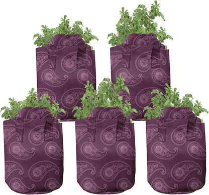 Ambesonne Tropical Grow Bags 5-Pack, Pinkish Exotic Flamingos, Heavyduty Fabric Pots with Handles for Plants, Black Pink