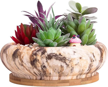ARTKETTY Succulent Pots - 7.3 Inch Large Bonsai Pots with Drainage Tray, Ceramic Pots for Indoor Plants, Shallow Succulent Planters Marble Cactus Flower Plant Container Bowl
