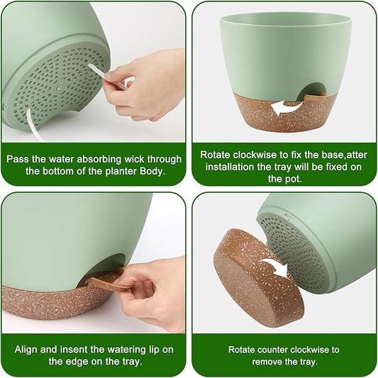 Plant Pots 10/9/8 Inch Self Watering Pots, Set of 3 Plastic Planters with Drainage Holes and Saucers,Plastic Flower Pots,Nursery Planting Pot for Indoor Out Door Plants（Green）