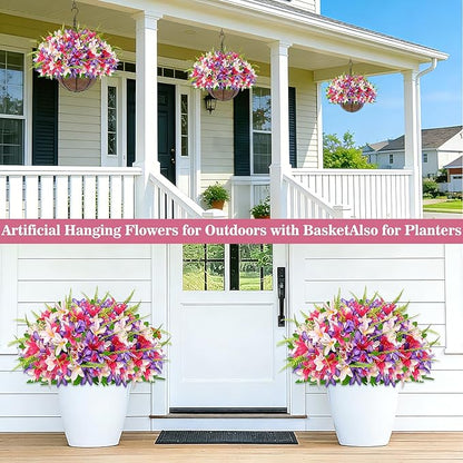 Faux Hanging Plants Flowers Basket Hyacinth & Boston Ferns for Outdoor Outside Spring Summer Decoration, UV Resistant Colorful Fake Silk Flower Hanging Planter for Porch Home Patio Balcony Yard Decor