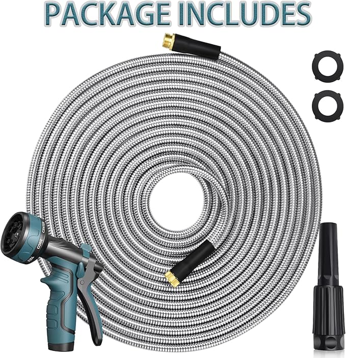 HmiL-U Silver Metal 50FT Garden Hose with 8 Function Nozzle, Heavy Duty, Kink Free, Rust-proof, Anti-puncture, Lightweight, Durable, Weatherproof, 600 Inches, 2 Inches Width