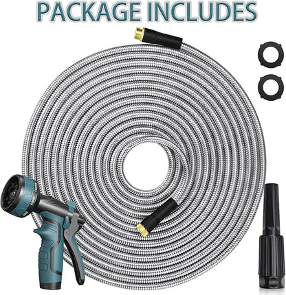 HmiL-U Silver Metal 50FT Garden Hose with 8 Function Nozzle, Heavy Duty, Kink Free, Rust-proof, Anti-puncture, Lightweight, Durable, Weatherproof, 600 Inches, 2 Inches Width